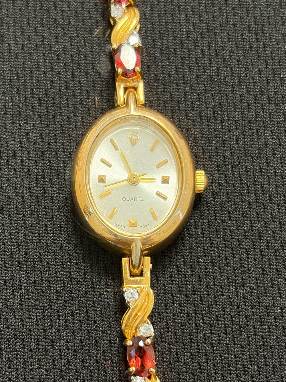 Gold-Tone Women's Quartz Bracelet Watch with Red Crystal Accents